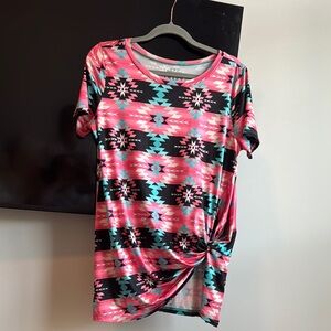 Crazy Train Pink Black Aztec Western Tie Front T-Shirt XS